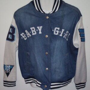 "BABY GIRL" DENIM BOSS VARSITY 1994 BLUE WHITE STRIPED SPORT JACKET SIZE LARGE